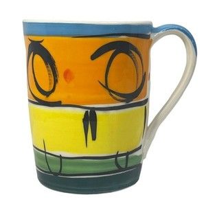 Liz Lewis Studio Pottery Coffee Mug Signed Bright Colorful Eclectic Unique 18 Oz